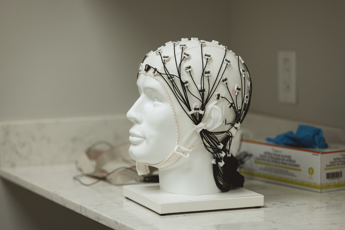 An EEG cap on a mannequin in the Koret Human Neuroscience Laboratory at Wu Tsai Neuro