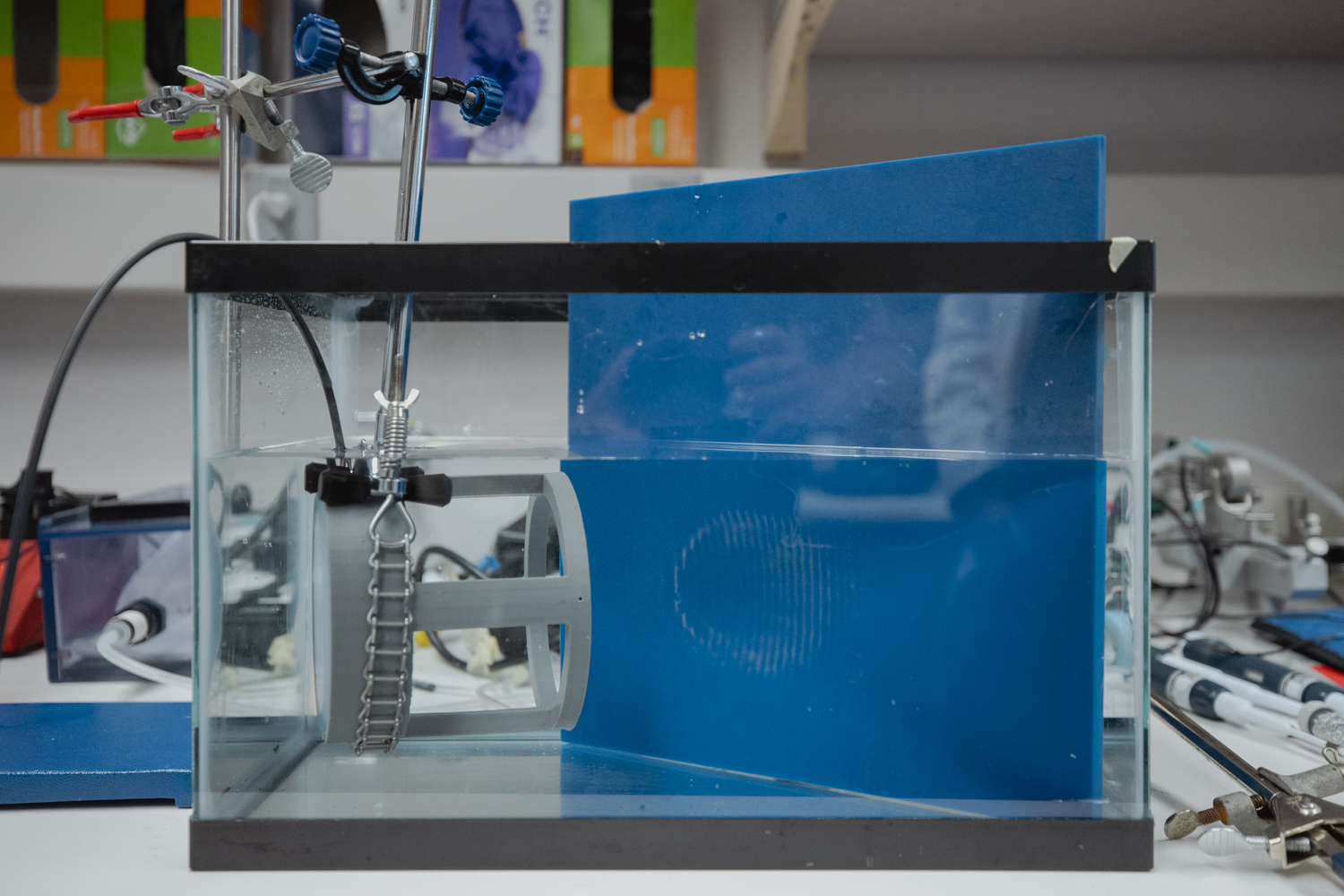 Water tank with ultrasound equipment in a research lab