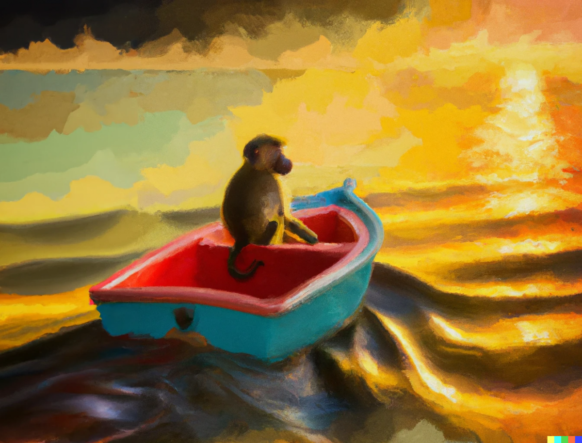 DALL-E generated a second image of "a cute baboon sailing a colorful dinghy at sunset"