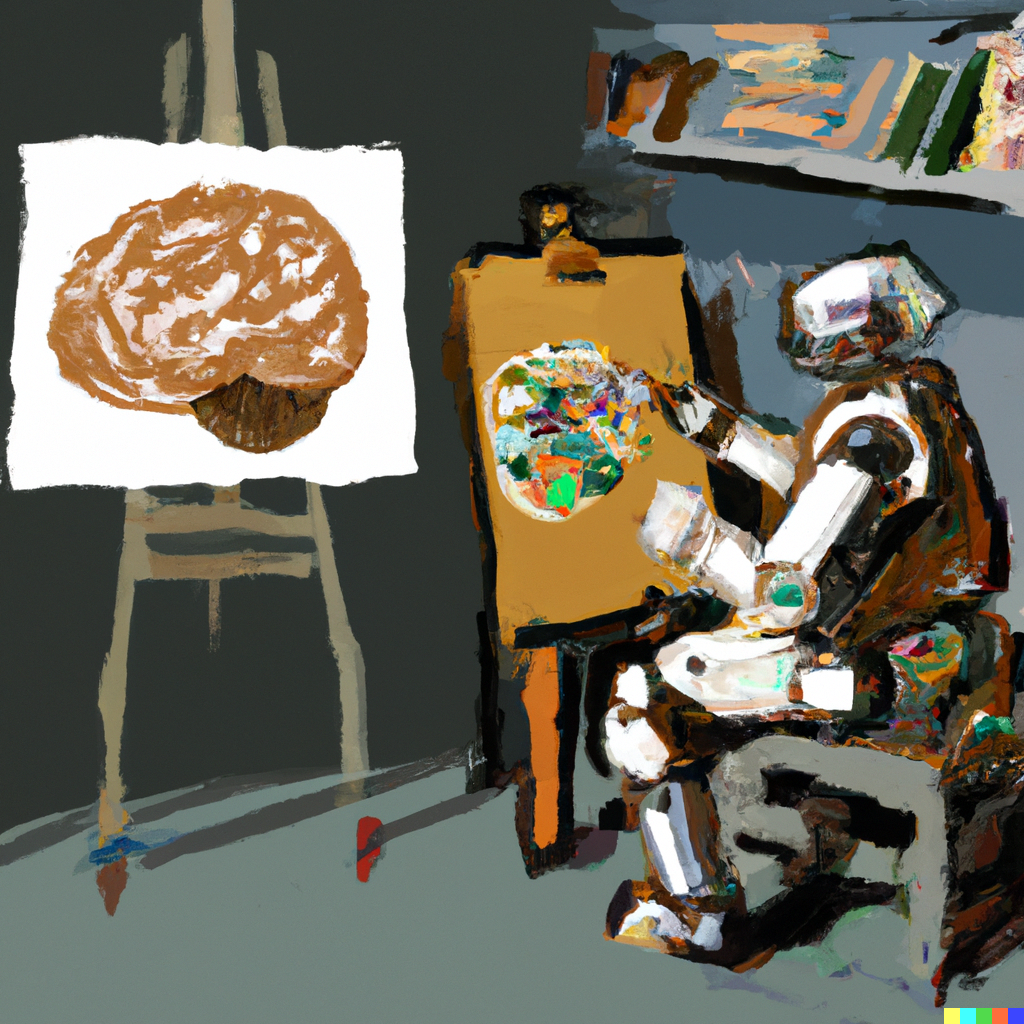 DALL-E generated image of "A robot painting a picture of a brain in a artist's studio, Rembrandt style"