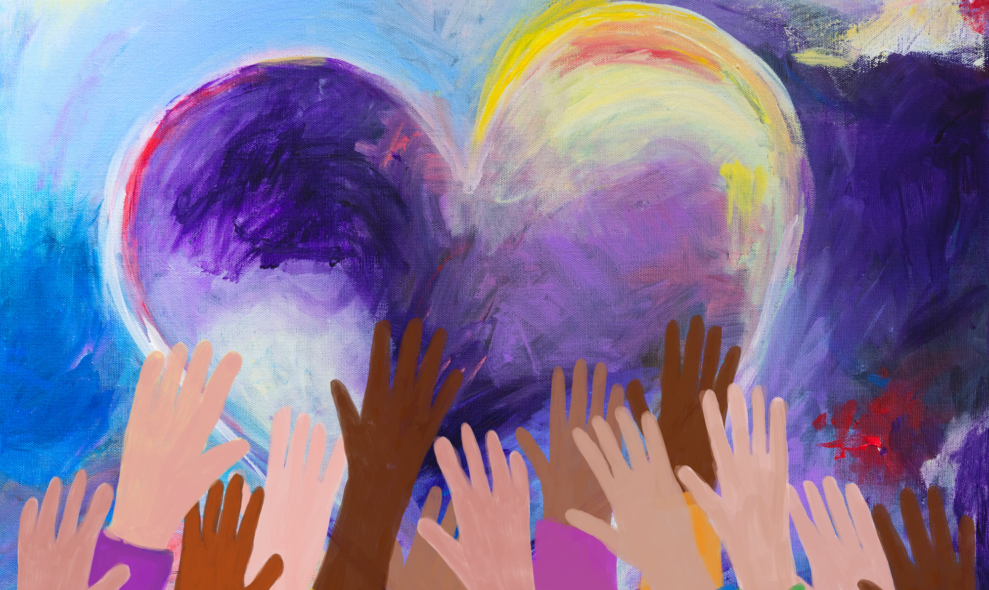 Diverse hands reaching for giant heart