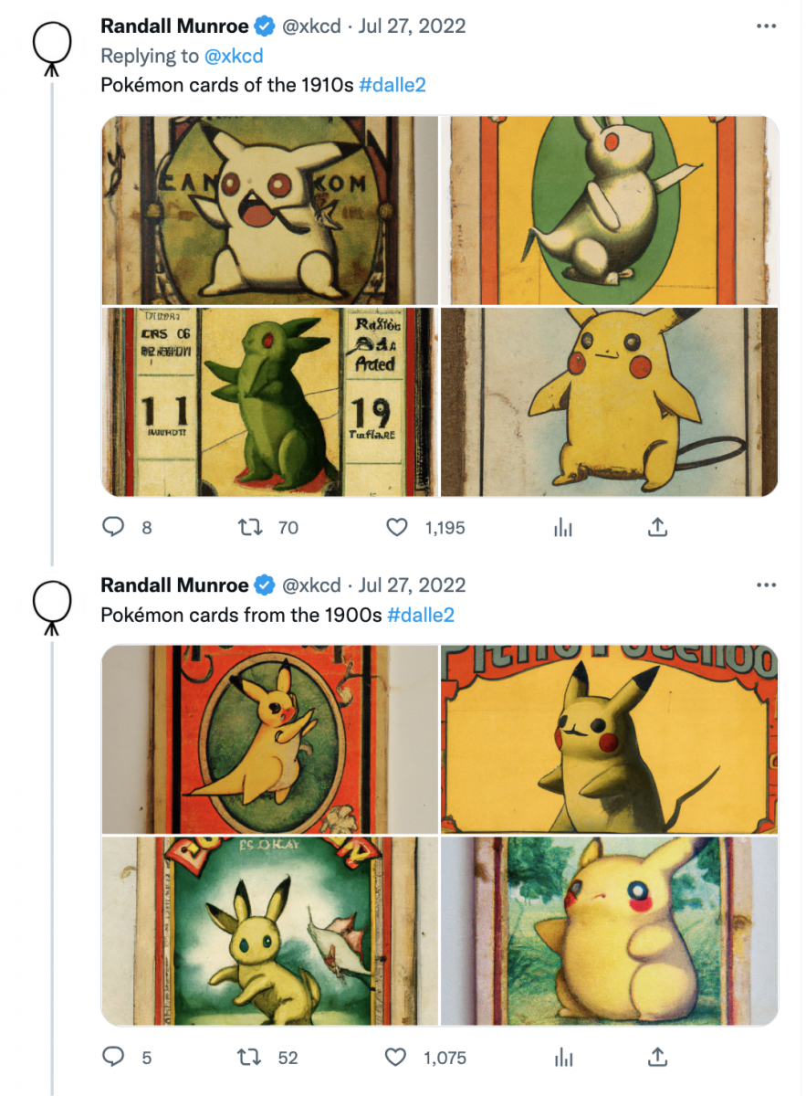 Screenshot of @XKCD twitter thread of Pokemon cards through human history