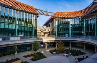 The Stanford ChEM-H Building on the left and the Stanford Neurosciences Building on the right