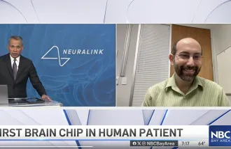 Screenshot of NBC Bay Area News story with host Raj Mathai and Wu Tsai Neuro Faculty Scholar Paul Nuyujukian