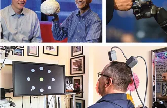 ‘PEOPLE WHO JUST CLICKED’: Clockwise from top: Henderson and Shenoy; Obama and Copeland; DeGray at work hitting targets. (Photos, clockwise from top: Paul Sakuma; Pete Souza/Official White House Photo; PBS NewsHour/Courtesy NewsHour Productions LLC)