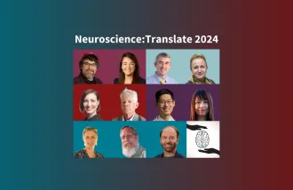 Neuroscience:Translate 2024 awardees; Top row from right Anthony J Ricci, Kristen K Steenerson, Paul George, Daria Mochly-Rosen. Middle row from right Michelle L James, Hannes Vogel, Michael Lim, Xinnan Wang. Bottom row from right Sarah C Heilshorn, Theo Palmer, Gary K Steinberg, Neuroscience:Translate logo.