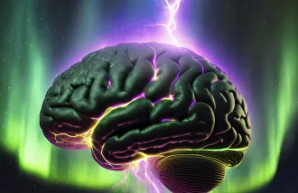 Illustration of a brain emitting electrical discharge against a sky with a green aurora