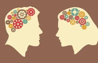 Graphic of a man and a woman with machinery in their heads to represent brain function