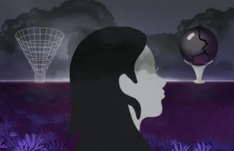 People with psychosis have trouble filtering relevant information (mesh funnel) and predicting rewarding events (broken crystal ball), creating a complex inner world.