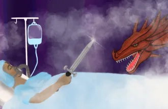 Graphic design of a person sleeping in a hospital bed holding a sword ready to duel a dragon.