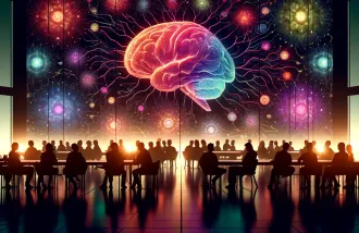 Illustration showing a darkened room full of people in silhouette, all looking at a background projection of brain