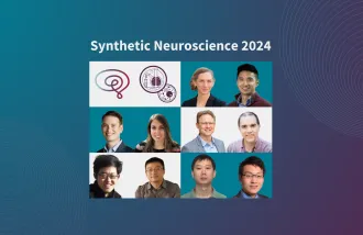Synthetic Neuroscience 2024; Wu Tsai Neurosciences Institute swirly brain logo, Synthetic Neuroscience brain test tube and biology logo; awardees, top right: Ryann Fame, Jonathan Long; middle left: Bradley Zuchero, Noa Katz; middle right:  Boris Heifets, Justin Du Bois, bottom left: Guosong Hong, Jun Ding; bottom right: Xiaoke Chen, Shang Jui Tsai