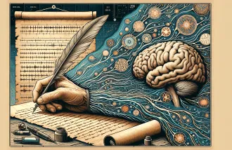 AI-generated banner image showing a hand writing on parchment from which flows brain-related imagery