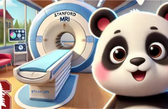 Banner image showing cartoon MRI and panda bear mascot on Stanford Campus