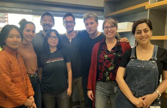 Meet the research team studying ISRIB as a potential Fragile X treatment. Pictured left to right: Yi Zhou, Adrianna Lopez Valencia, Gordon Wang, Keri Ngo, James Jaggard, Philippe Mourrain, Rochelle Coulson, and Samira Galehdari.