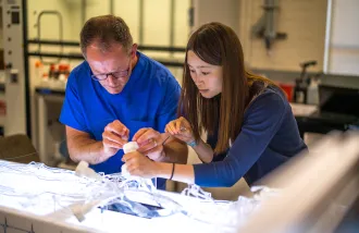 Stanford faculty Jeremy J. Heit and Renee Zhao demonstrate how to insert the milli-spinner using a life-sized model of the human circulatory system.