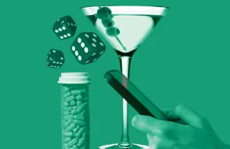 Dice, a phone, a pill bottle, and a martini on a green background.