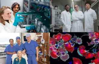 Two groups of researchers, doctors with a patient, and a red and blue stained image of brain cells in two-by-two array.