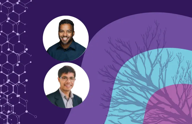 Banner image featuring two circle headshots against a purple and blue background design