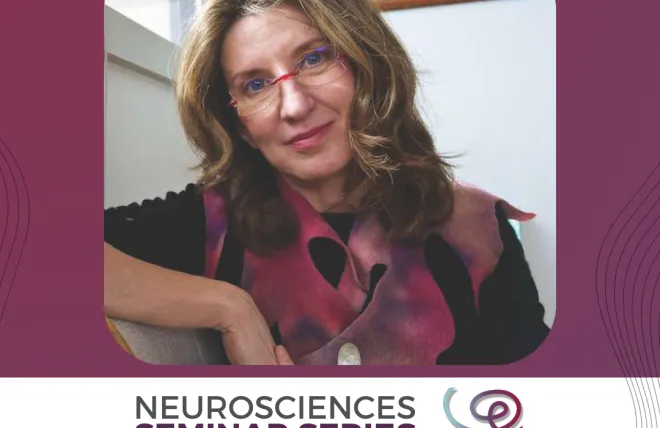 Headshot of Dr. Katalin Gothard framed with a purple border. A white banner at the bottom reads 'Neurosciences Seminar Series' next to the Wu Tsai Neuro logo.
