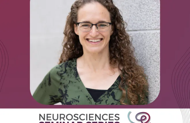 Headshot of Dr. Rebecca Saxe framed with a purple border. A white banner at the bottom reads 'Neurosciences Seminar Series' next to the Wu Tsai Neuro logo.