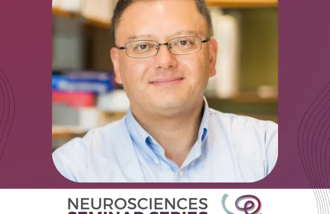 Headshot of Dr. Takao Hensch framed with a purple border. A white banner at the bottom reads 'Neurosciences Seminar Series' next to the Wu Tsai Neuro logo.
