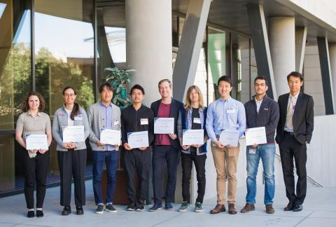 Sammy Kuo Award Winners 2023 stand with Zulema Garibo, Program Coordinator, and Kang Shen, Vincent V.C. Woo Director of Wu Tsai Neuro. Photo by Ola Hopper.