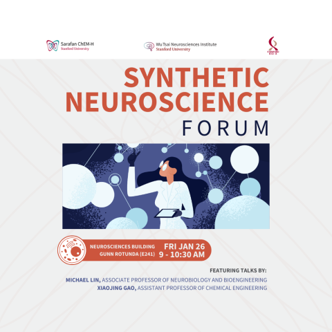Synthetic Neuroscience Forum; neurosciences building Gunn Rotunda (e241); Friday January 26  9–10:30 am; Featuring talks by Michael Lin, Associate Professor of Neurobiology and Bioengineering and Xiaojing Gao, Assistant Professor of Chemical Engineering