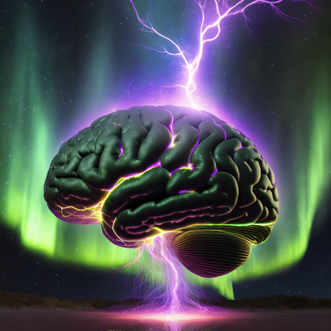 Illustration of a brain emitting electrical discharge against a sky with a green aurora