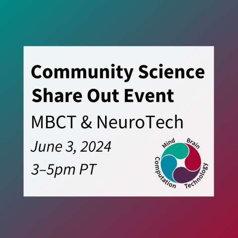 Community Science Share Out Event; MBCT and NeuroTech Training Programs; June 3, 2024; 3–5pm PT; Center for Mind, Brain, Computation, and Technology
