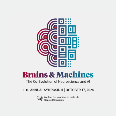 An abstract-geometric-tech styled logo of a brain with a red-purple-blue gradient. Brains and Machines: The Co-Evolution of Neuroscience and AI. 11th Annual Symposium, October 17th, 2024. Wu Tsai Neuroscience Institute.