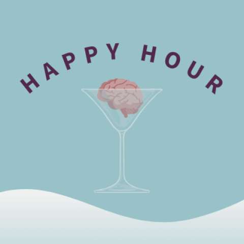 Illustration of a brain inside a cocktail glass with "HAPPY HOUR" written in an arc above it on a light blue background.