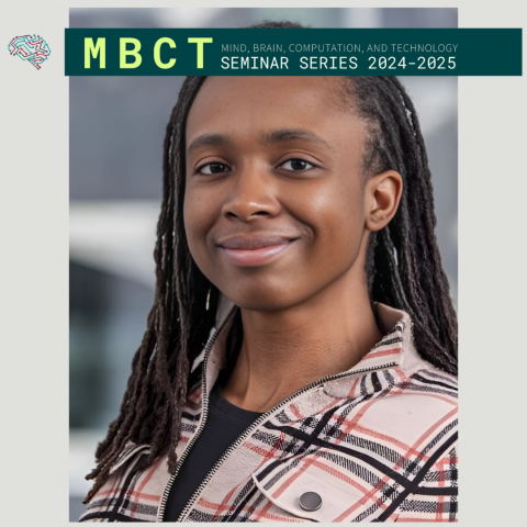 Individual wearing a plaid jacket and black shirt, standing outdoors with a blurred cityscape background. The promotional banner for the "MBCT Seminar Series 2024-2025" by the Wu Tsai Neurosciences Institute is displayed above.