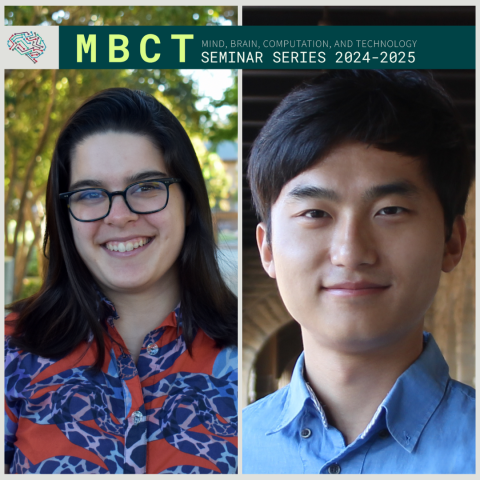 Two individuals presented side by side for the "MBCT Seminar Series 2024-2025" by the Wu Tsai Neurosciences Institute; the left person wears a colorful shirt, and the right person wears a blue shirt.