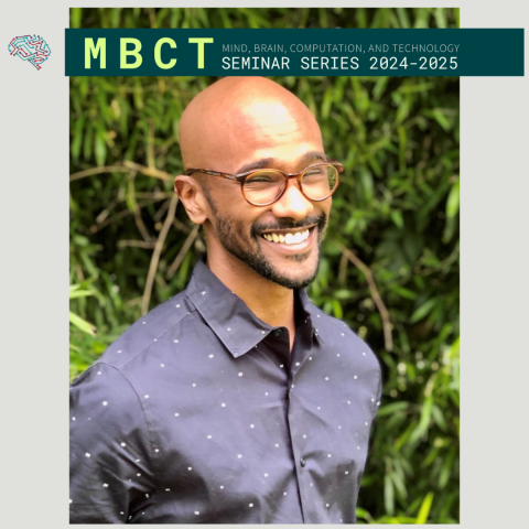 Individual wearing a dark blue shirt with a small pattern, standing in front of green foliage. The promotional banner for the "MBCT Seminar Series 2024-2025" by the Wu Tsai Neurosciences Institute is displayed above.