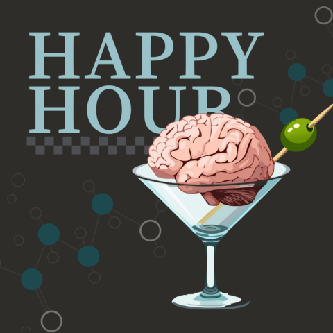 Illustration of a martini glass with a human brain and an olive on a skewer, with the text "Happy Hour" above it.