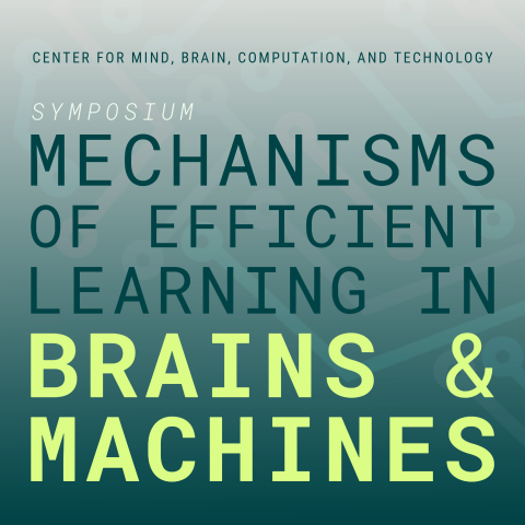 Square graphic for a symposium titled "Mechanisms of Efficient Learning in Brains & Machines," hosted by Wu Tsai Neurosciences Institute at Stanford. Background shows a stylized brain made of circuit lines. 