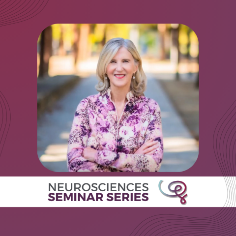 Headshot of Dr. Holly Ingraham framed with a purple border and labeled Neurosciences Seminar Series at the top with the Wu Tsai Neuro logo.
