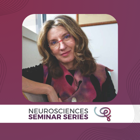 Headshot of Dr. Katalin Gothard framed with a purple border. A white banner at the bottom reads 'Neurosciences Seminar Series' next to the Wu Tsai Neuro logo.