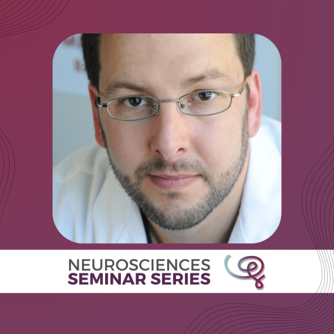 Headshot of Dr. Randy Buckner framed with a purple border. A white banner at the bottom reads 'Neurosciences Seminar Series' next to the Wu Tsai Neuro logo.