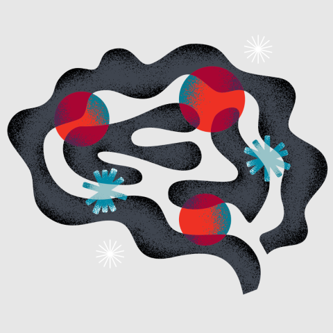 Abstract illustration of a brain in dark charcoal with a textured, grainy finish. Layered red and teal circles and starburst shapes sit within and around the brain's folds, evoking neurons and synaptic activity. Logo for the 2026 Wu Tsai Neurosciences Institute Symposium: Building the Brain.
