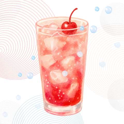 Illustration of a tall glass containing a coral-colored beverage with ice and a cherry garnish, on a white background with red and blue concentric lines.