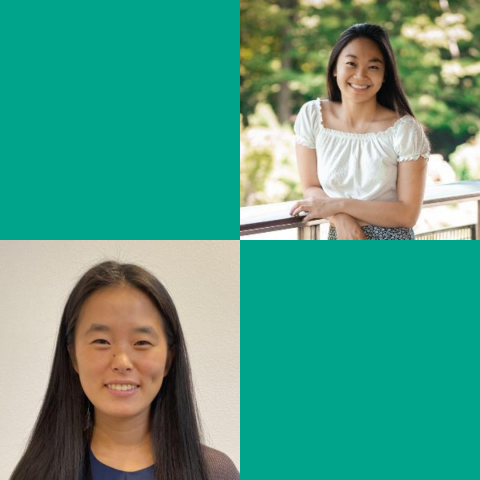 A 2x2 grid with alternating green squares and headshot photos of Emily Chen and Sabrina Liu