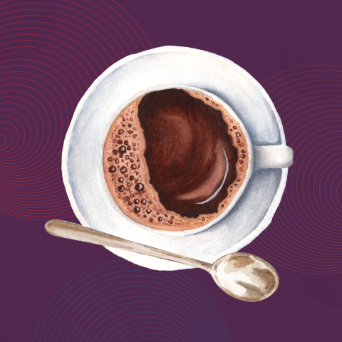 Illustration of a white cup of black coffee with foam, accompanied by a spoon, on a purple background with red concentric lines.