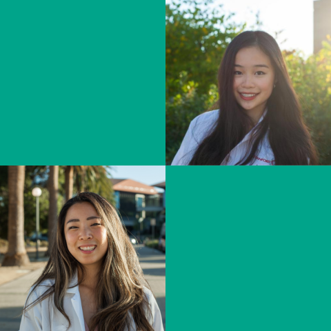 A 2x2 grid with alternating green squares and headshot photos of Lavonna Mark and Liz Jun