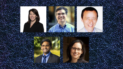 A composite photo of five researchers overlaid on a purple-black background.