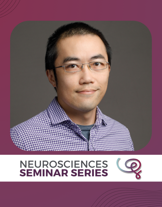 Headshot of Dr. Alex Kwan framed with a purple border. A white banner at the bottom reads 'Neurosciences Seminar Series' next to the Wu Tsai Neuro logo.