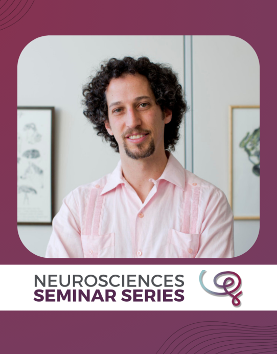 Headshot of Dr. Andres Bendesky framed with a purple border. A white banner at the bottom reads 'Neurosciences Seminar Series' next to the Wu Tsai Neuro logo.
