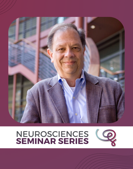 Headshot of Dr. William "Bill" Newsome framed with a purple border. A white banner at the bottom reads 'Neurosciences Seminar Series' next to the Wu Tsai Neuro logo.