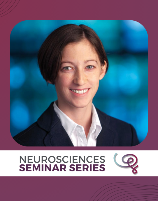 Headshot of Dr. Dani Bassett framed with a purple border, a white banner along the bottom reads Neurosciences Seminar Series, next to the Wu Tsai Neurosciences logo.